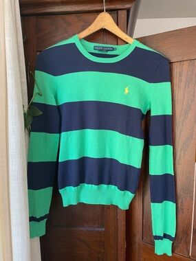 Ralph Lauren Women’s Green and Navy Striped Crewneck Sweater - XS